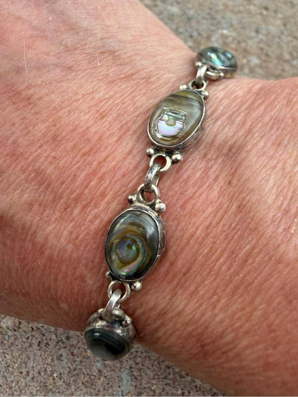 Vintage Sterling Silver 925 Abalone Shell Bracelet - 7 Oval Cabochons, Toggle